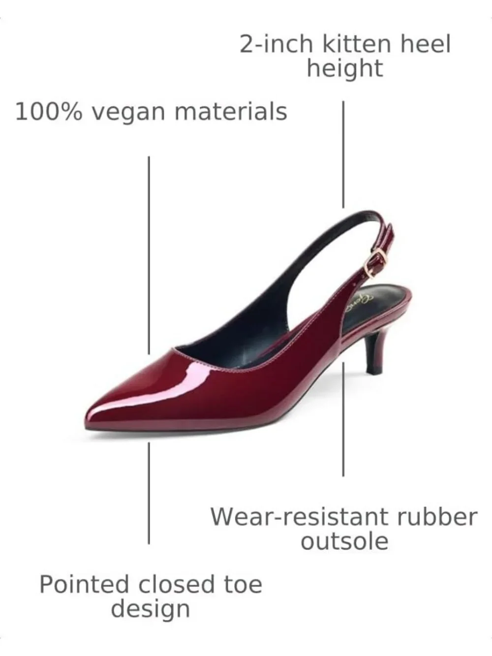 Women's Wine Red Patent Slingback Pump Pointed Closed Toe Low Kitten Heel Shoes